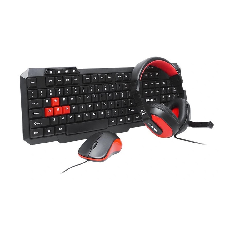Комплект Blow V3 Клавиатура + Слушалки + Мишка, LED подсветка, Черен/Червен