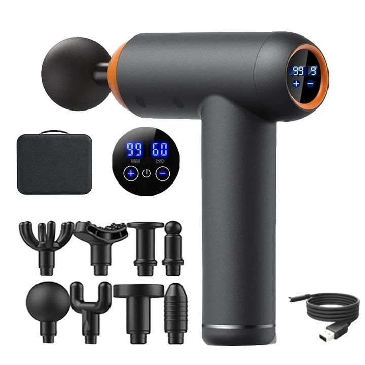 Масажен пистолет, 99 скорости, 8 масажни глави, LED дисплей, черен, 24x21x4.7 см