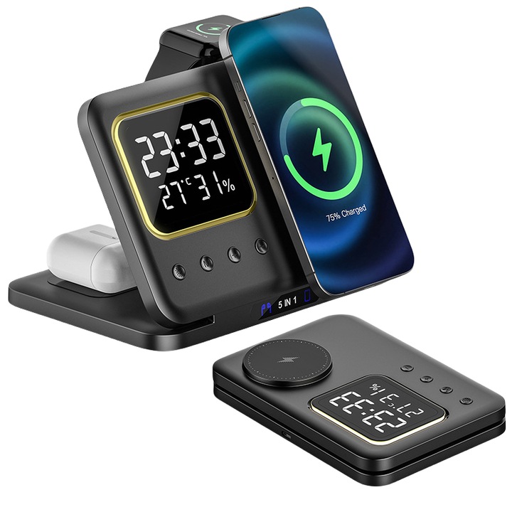 Incarcator wireless, 5 in 1, 18W, QC3.0, pentru telefoane mobile, casti si ceasuri, afisare ora si temperatura/umiditate, lumina de noapte, compact si portabil, negru
