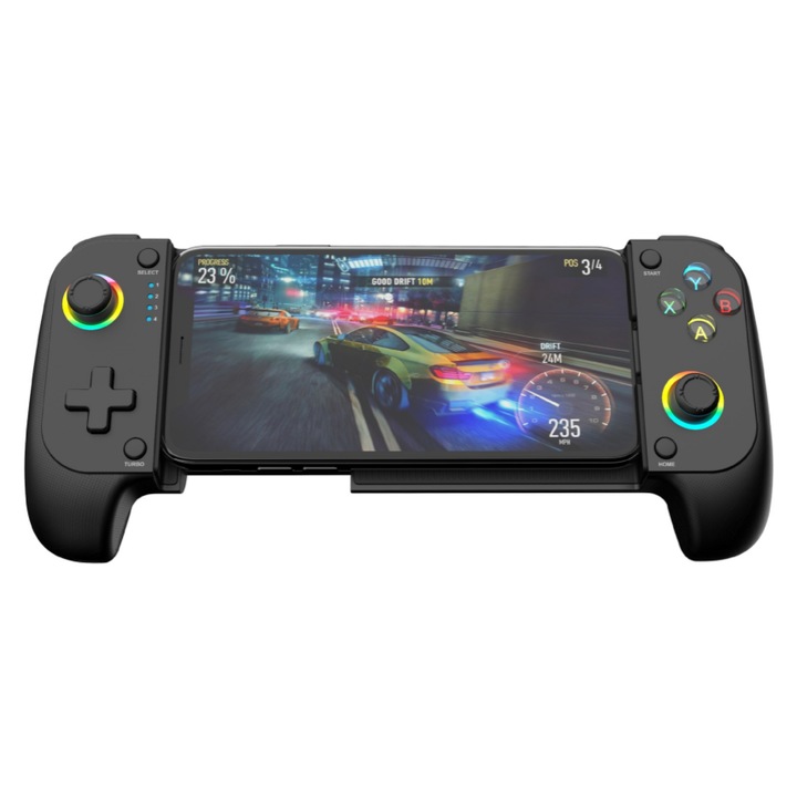 Gamepad fara fir, Bluetooth, suport pentru telefoane mobile, computere si console de jocuri, joystick 3D, motor cu vibratii, efecte luminoase RGB, butoane mecanice, tampon de silicon antiderapant, negru