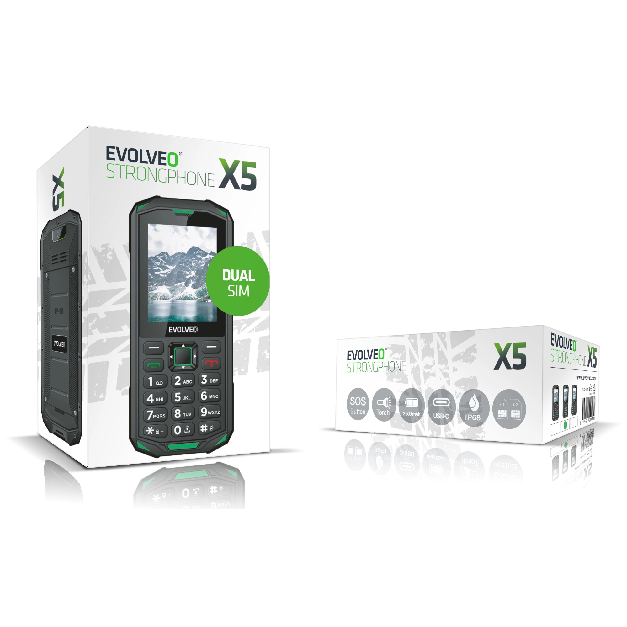 EVOLVEO StrongPhone X5, telefon Dual SIM rezistent la apa si socuri, negru-verde