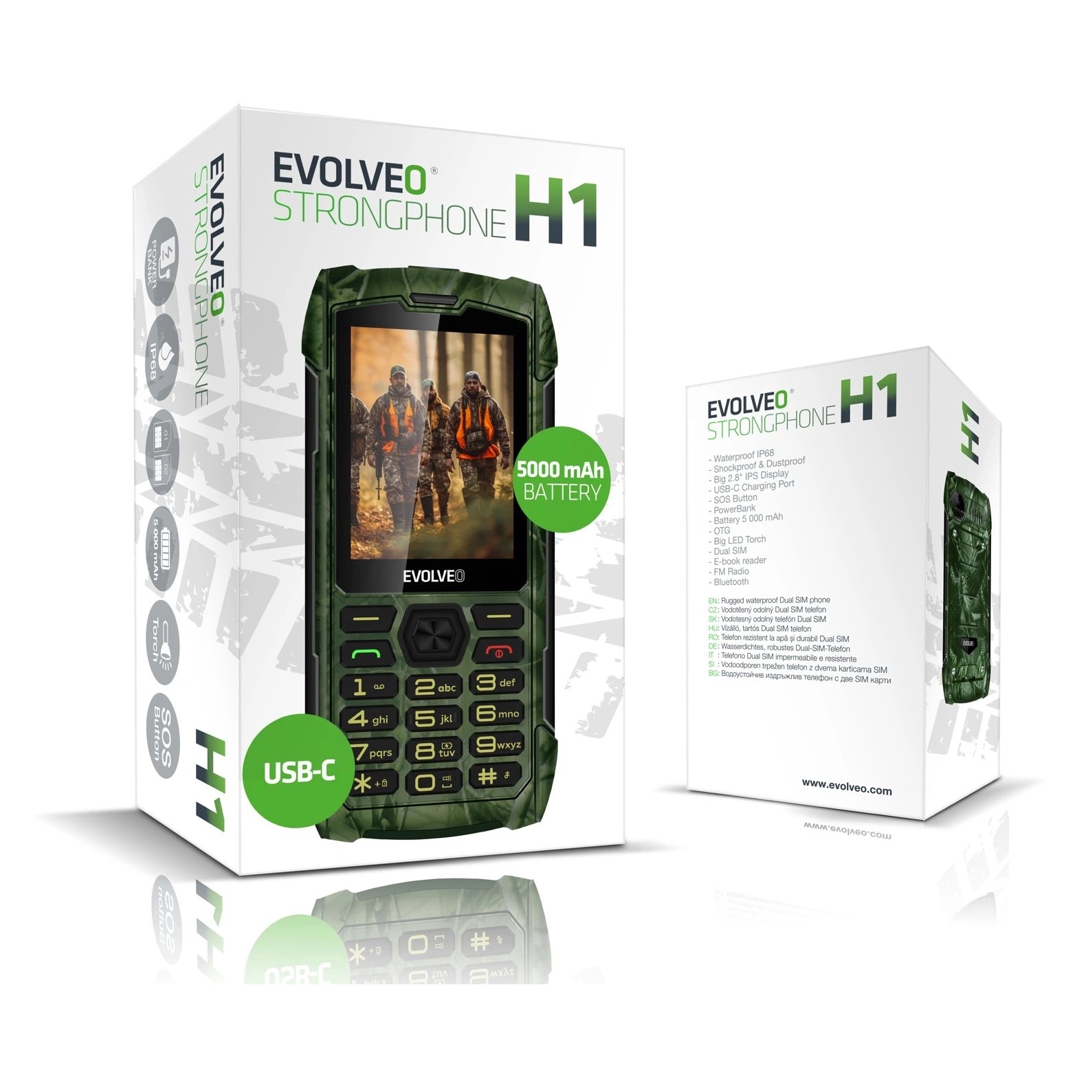 EVOLVEO StrongPhone H1, telefon Dual SIM rezistent si impermeabil, camuflaj de vanatoare