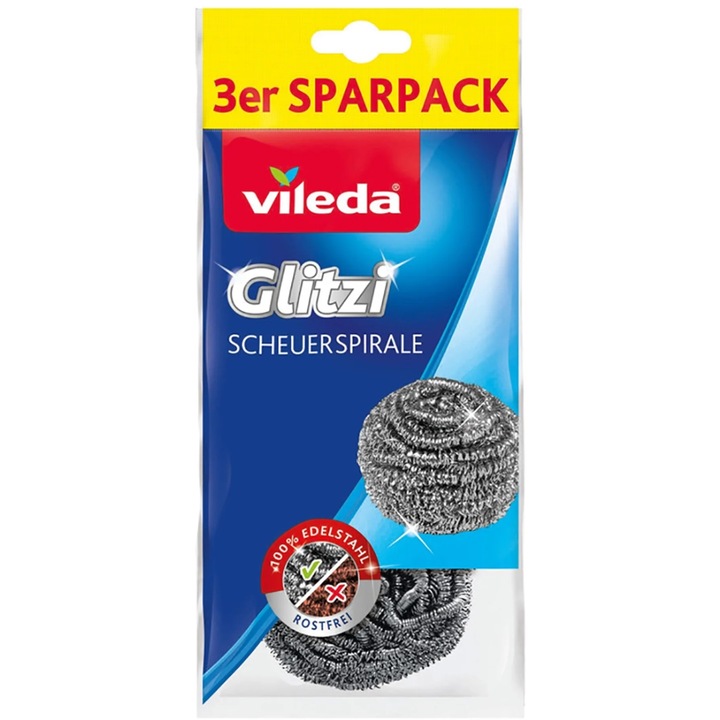 3 db Vileda Glitzi spirálhuzal szivacs készlet – Erőteljes tisztítás, rozsdamentes acél, ideális edényekhez, serpenyőkhöz és grillezőhöz