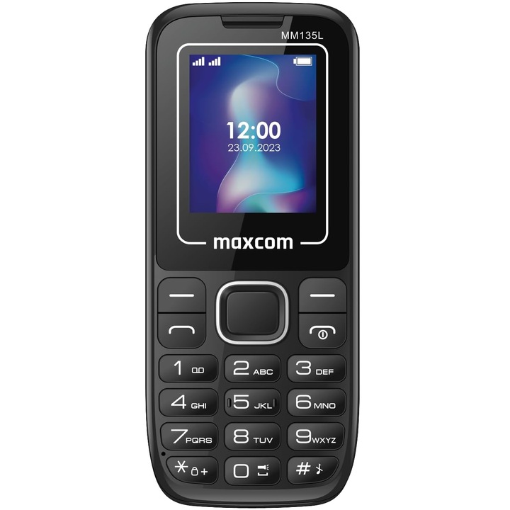Мобилен телефон idealSTORE Maxcom MM135L, 2G, две SIM карти, 1,77-инчов екран, препоръчва се за възрастни потребители, USB-C порт за зареждане, ергономичен дизайн, съдържа SIM карта с включени предимства, черен цвят