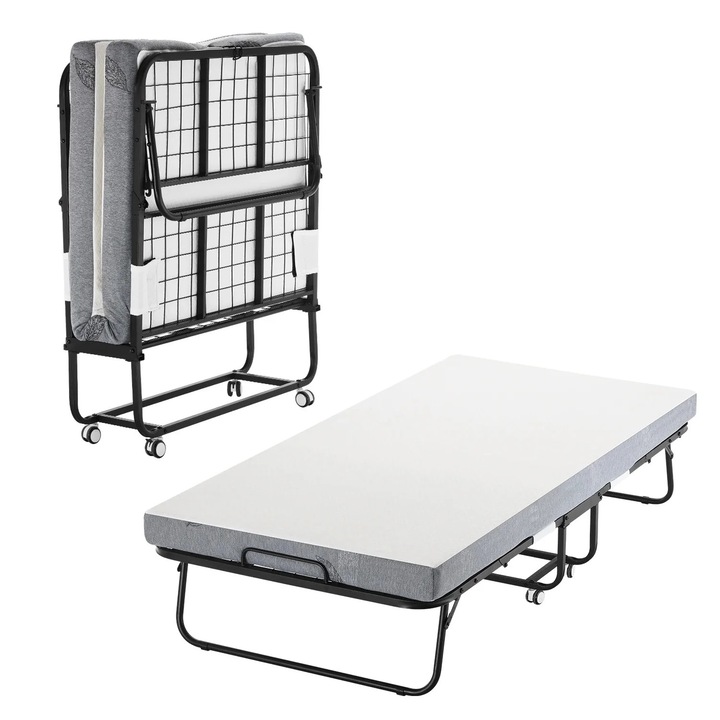 Összecsukható ágy, fém kerettel, memóriahabos matrac, fehér/fekete, 96,5x190,5 cm