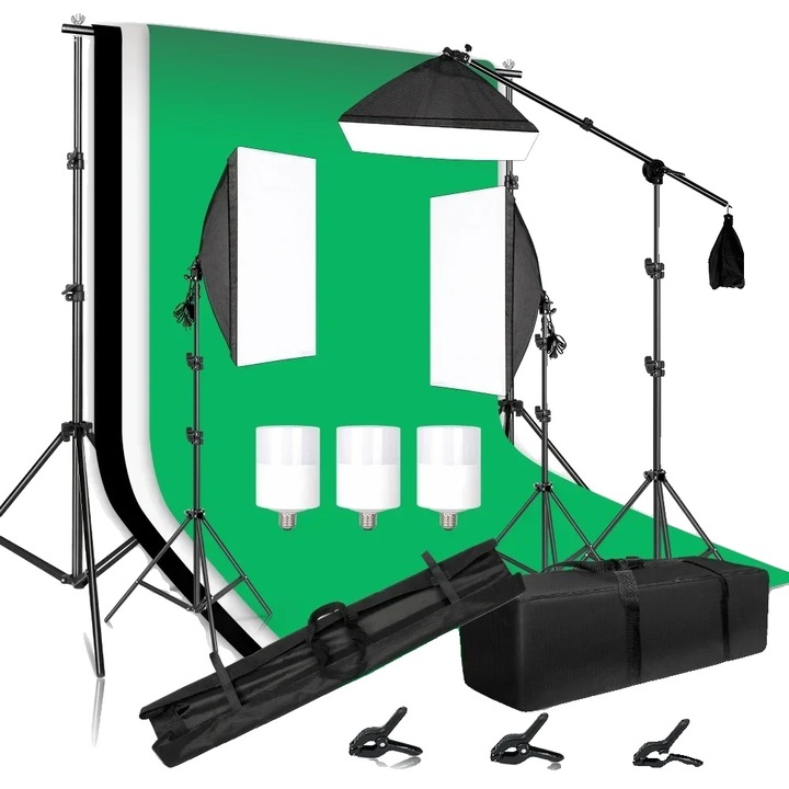 Kit complet studio foto, 2.6x3m fundal, suporturi de lumina ajustabile, 3 fundaluri, 50x70cm softbox, 20W LED