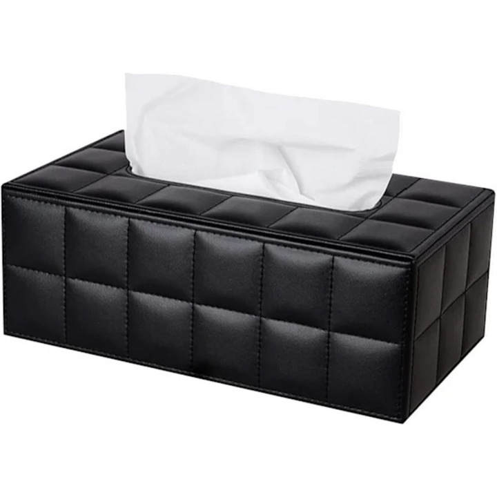 Cutie pentru servetele, suport pentru servetele, din piele ecologica PU, interior HDF, baza magnetica, Negru, 25 x 14 x 9.5 cm