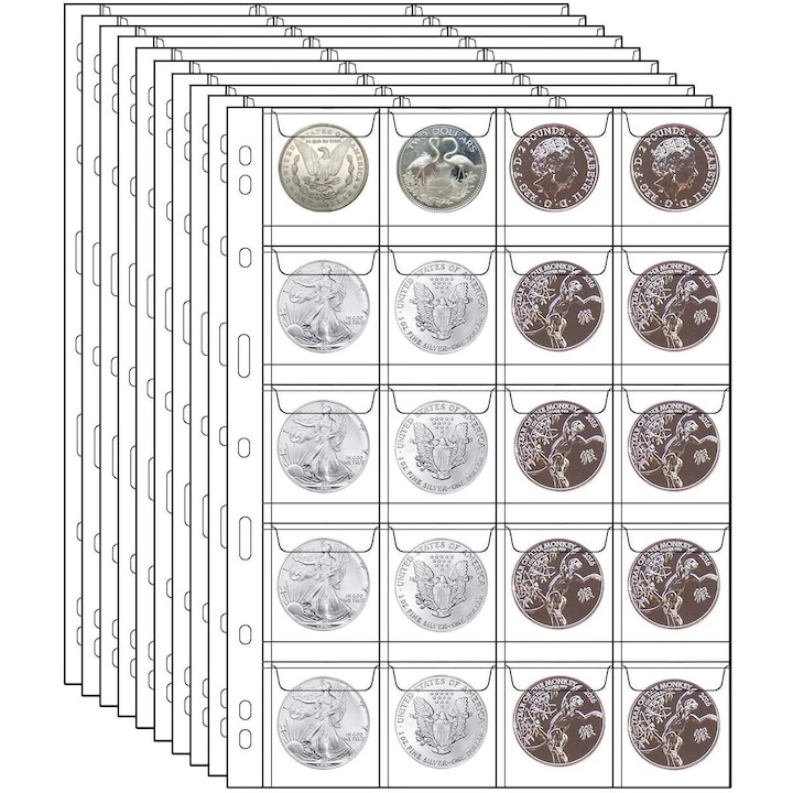 Албум за събиране на монети, 10 страници, 200 джоба, прозрачен, 1,77x1,77 инча
