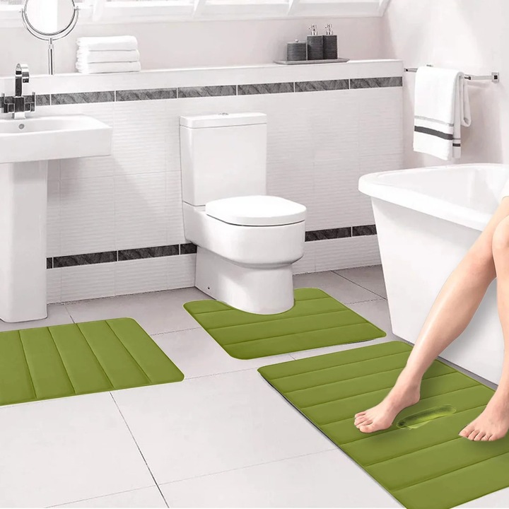 Комплект постелки за баня от мемори пяна, 3 части, абсорбиращи, неплъзгащи се, зелени, различни размери