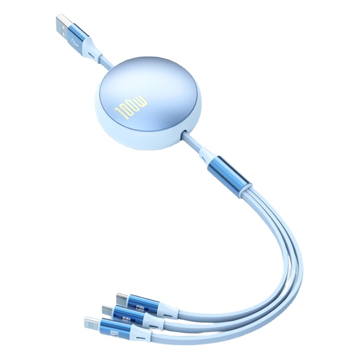 Cablu de date si incarcare 3 in 1, 120 cm, Albastru, USB, Lightning, USB-C, Micro-USB