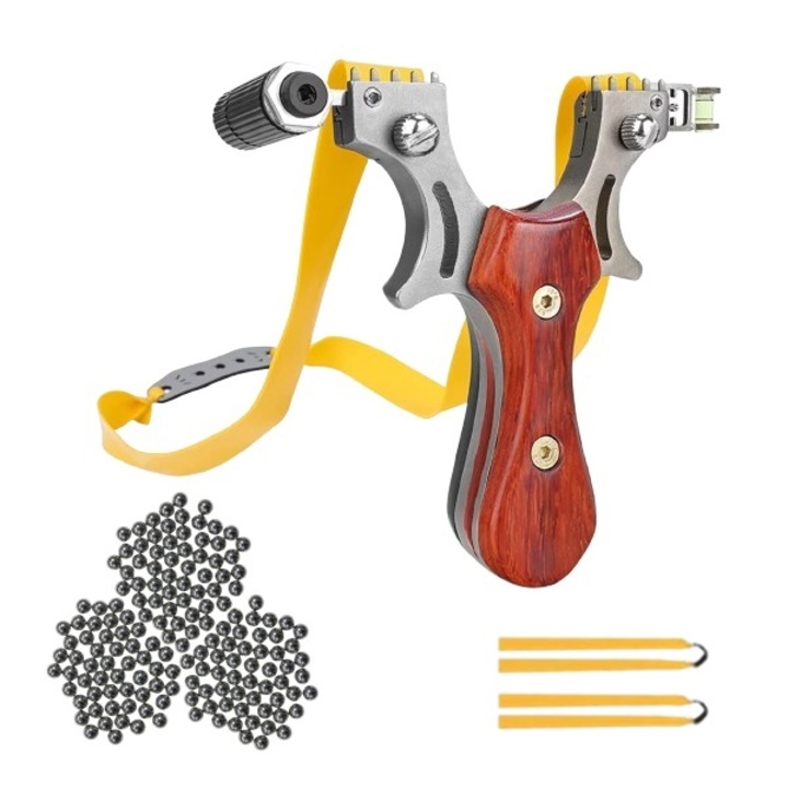 Комплект лазерна прашка със 100 метални топчета, 11,5 см, болобок, дървена дръжка, кафяв