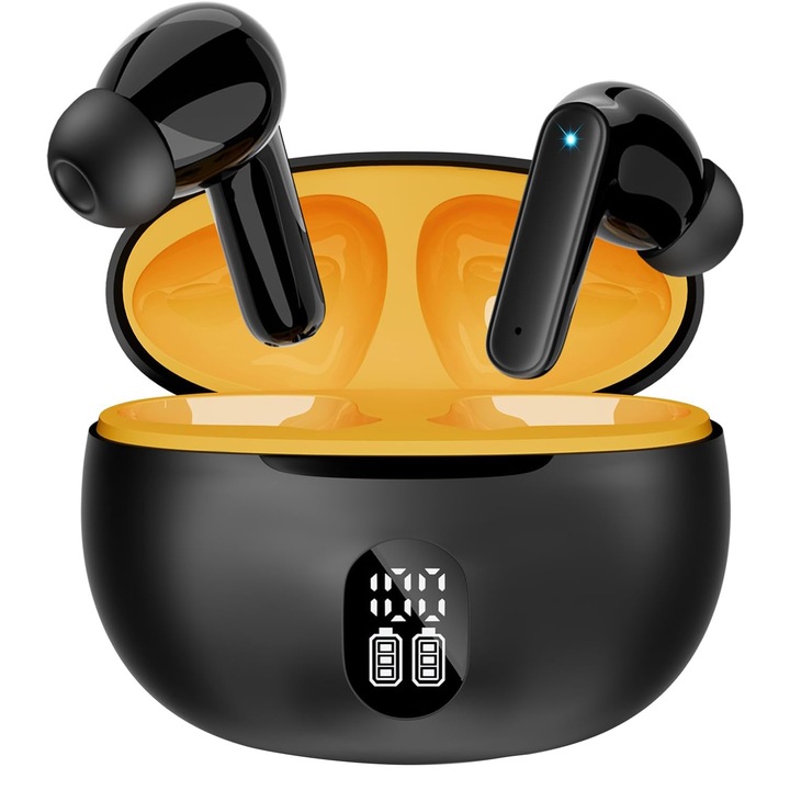 Vezeték nélküli fülhallgató, Bluetooth 5.4, vezeték nélküli, fülbe helyezhető, nagy hűségű hang, intenzív basszus, kettős mikrofon, kihangosító, transzparencia és játékmód, LED kijelző, IPX 4, Vaxiuja, fekete