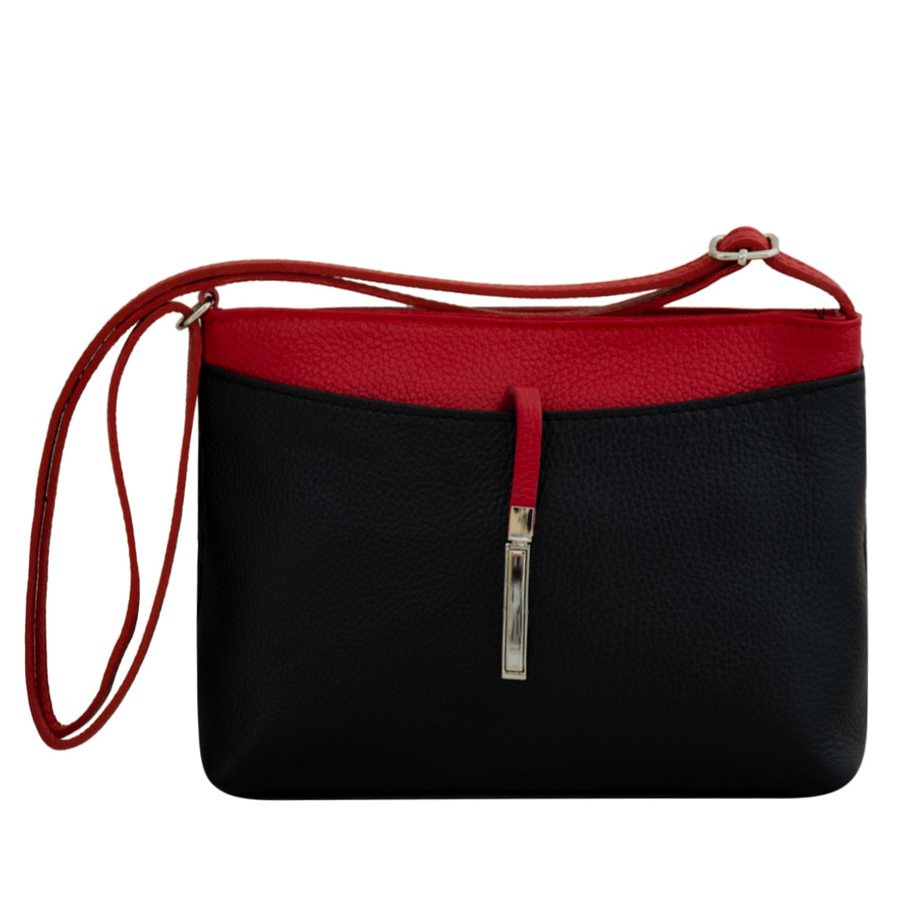 Geanta crossbody din piele naturala, Sabina, Negru cu Rosu