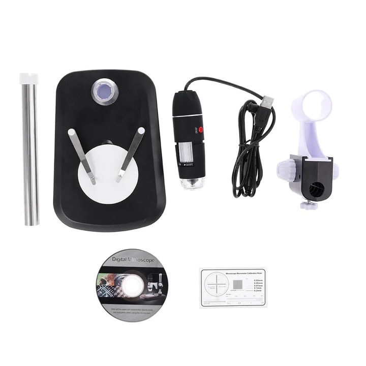Портативен USB цифров микроскоп 1600X със стойка, черен, 112x33mm, 1 бр.