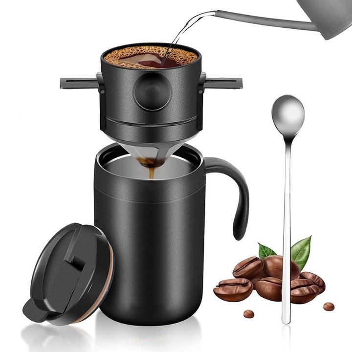 Set de cafea portabil, BOMSTOM, cana termica din inox 500 ml, filtru pliabil, negru