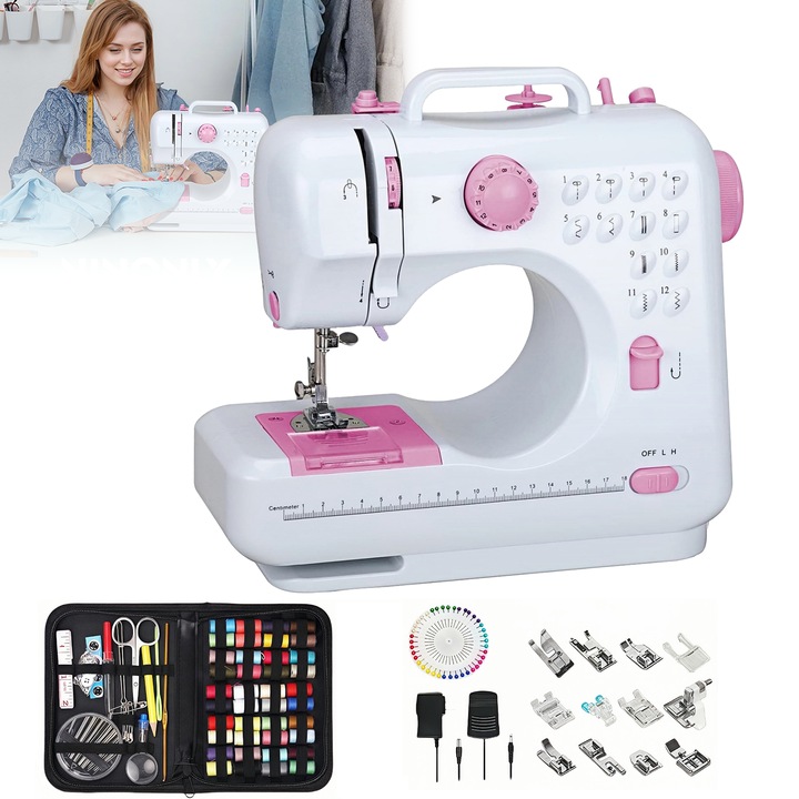 Mini masina de cusut portabila, Wacorresi, 12 tipuri de cusaturi, Masina De Surfilat cu Set 172 articole cusut, Doua moduri de functionare a sursei de alimentare, Alb/Roz