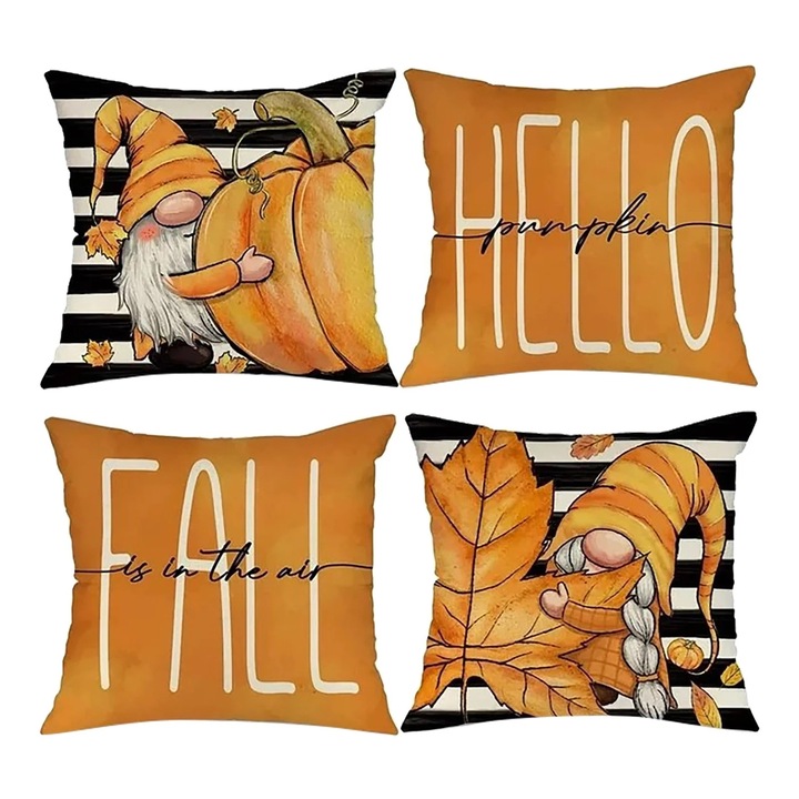 Set 4 fete de perne decorative pentru toamna, dovleci cu dungi si frunze de artar, multicolor, 45x45cm