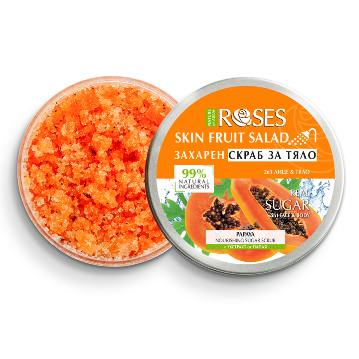 Захарен скраб за лице и тяло Nature of Agiva Roses, Fruit Salad, С аромат на Папая, 250мл