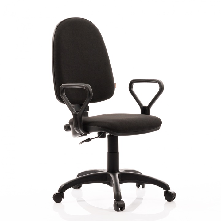 QMOBILI, COMFORT 50 LUX ergonomikus szék, PP alap, állandó érintkezés, rögzített karok, szövet, fekete