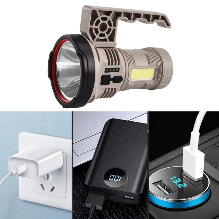 Мултифункционален фенер със сваляща се дръжка, силно осветление, водоустойчив, Type-C зареждане, 14.6x10x8.6cm