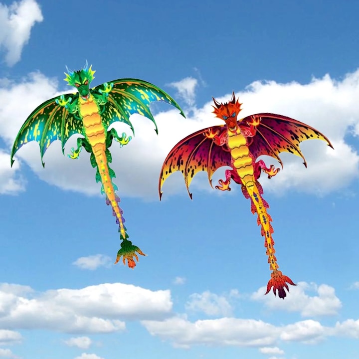Хвърчило Dragon Kite, 170x157x3cm, кариран плат, зелено и червено, пълен комплект