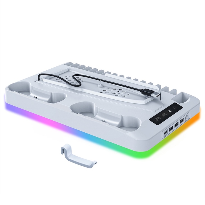 Multifunkcionális állomás, kompatibilis a PS5 Slim Disc-kel, multimódusú RGB világítással, LEIISVK, fehér
