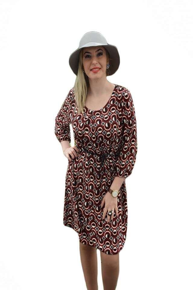 Rochie de zi croita lejer cu maneca trei-sferturi, D&J Exclusive, Caramiziu