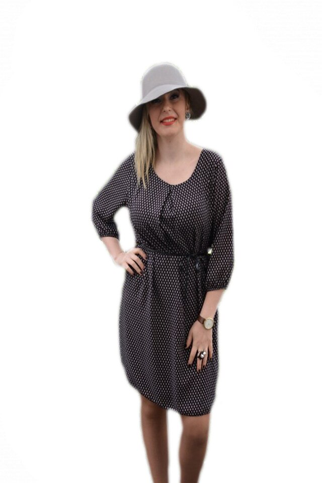 Rochie de zi croita lejer cu maneca trei-sferturi, D&J Exclusive, Negru/Alb