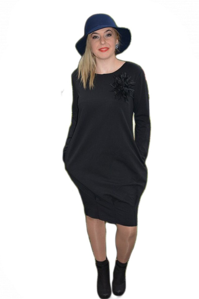 Rochie midi de zi cu maneca lunga, D&J Exclusive, neagra, Negru