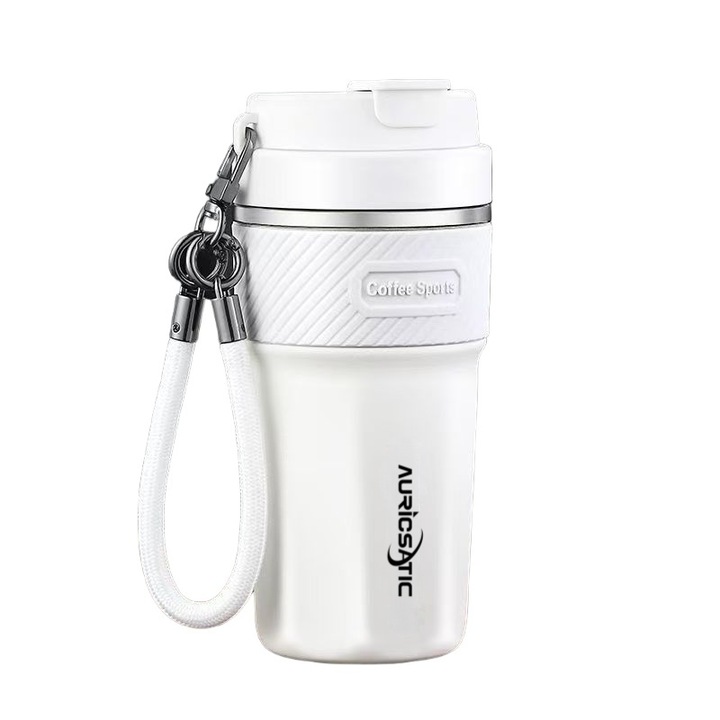 Cana termica, 500ml, alb, inox 316, interior ceramicat, cu pai, cu suport din silicon, 195x72mm