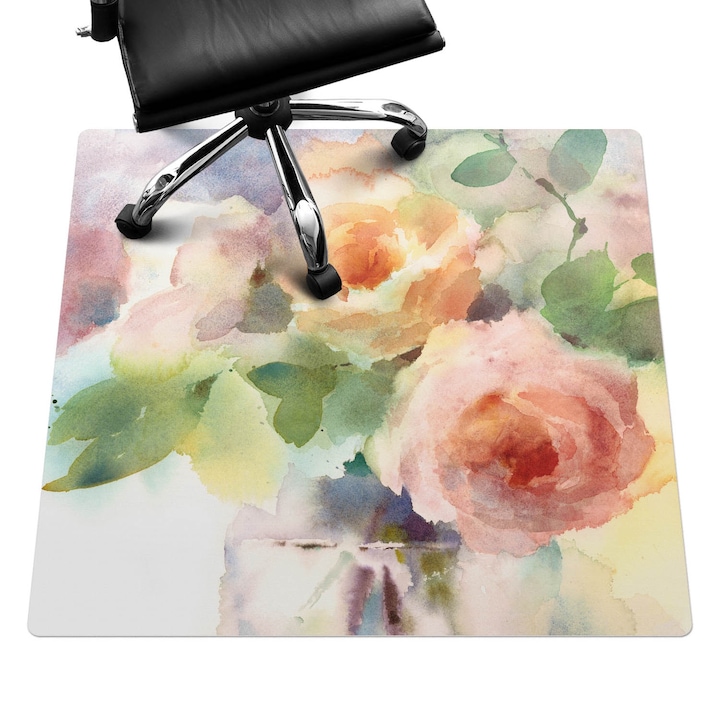 Protectie podea scaun birou, Wallfluent, Acuarela flori, Roz, 100x100 cm, 010250310050100074587