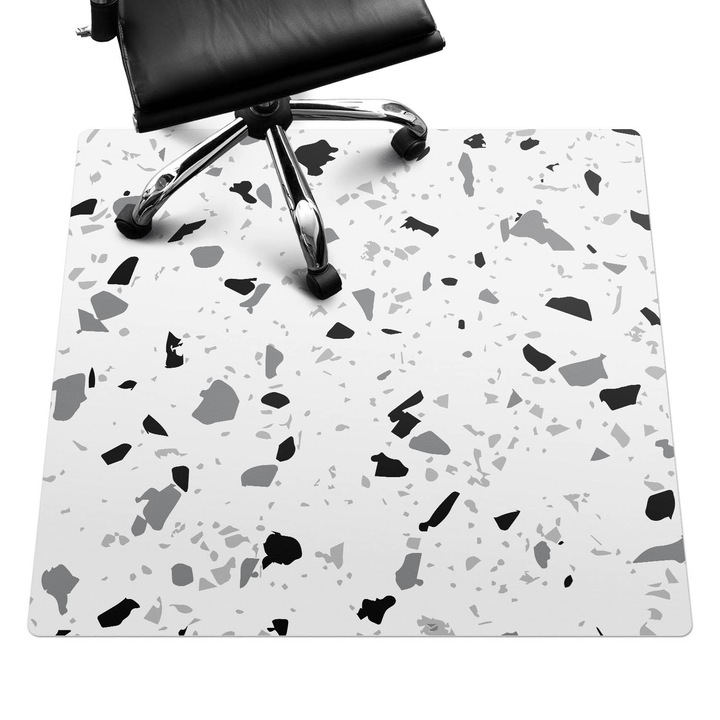 Íróasztal szék alátét, Wallfluent, Terrazzo absztrakció, Fekete és fehér, 100x100 cm, 010250310050100077420