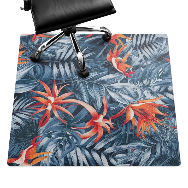 Irodai szék szőnyeg, Wallfluent, Egzotikus levelek és virágok, Kék, 100x100 cm, 010250310050100281978