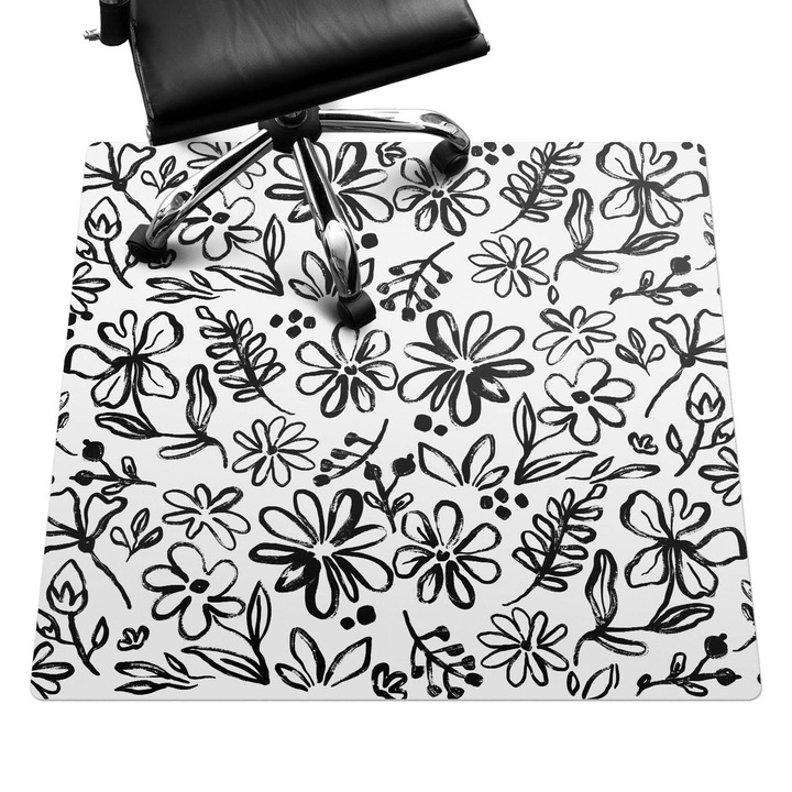 Szék szőnyeg, Wallfluent, Virágos vázlat, Fekete és fehér, 100x100 cm, 010250310050100282537