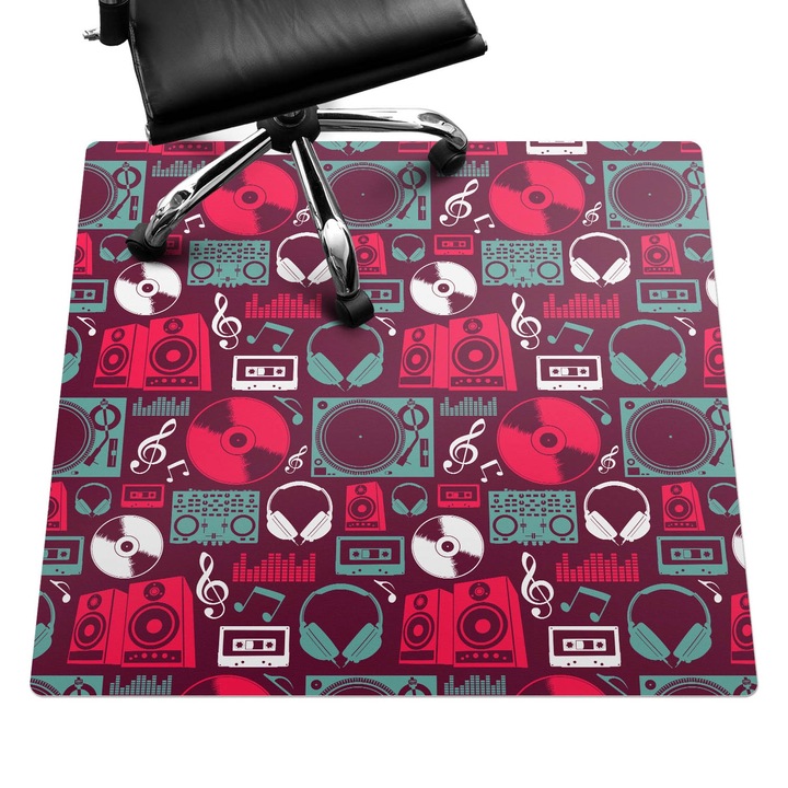 Covoras pentru protectie podea, Wallfluent, Model retro muzical, Visiniu multicolor, 100x100 cm, 010250310050100282798