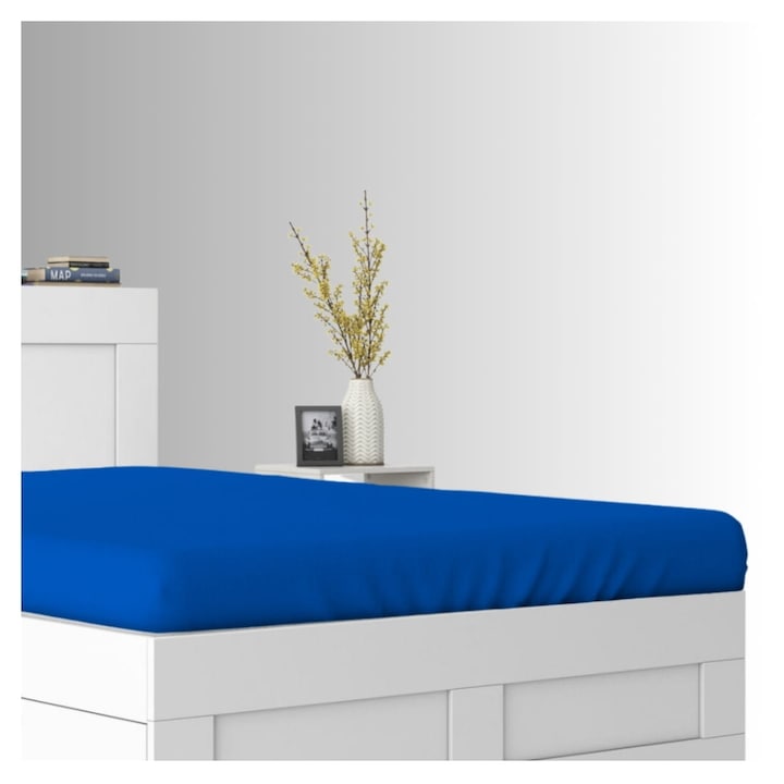 Cearceaf de pat, Frotte, Albastru marin, 90 x 200 cm, cu elastic, 180 g/m², 85% bumbac, 15% poliester, Oeko-tex standard 100