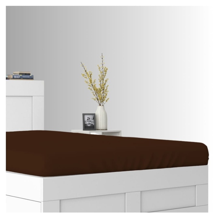 Cearceaf de pat, Frotte, Ciocolata, 90 x 200 cm, cu elastic, 180 g/m², 85% bumbac, 15% poliester, Oeko-tex standard 100