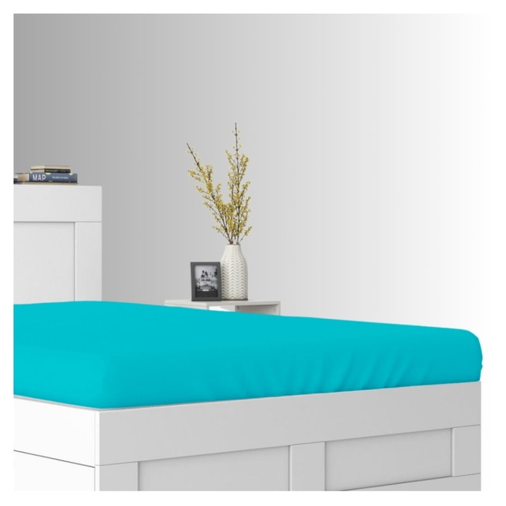 Cearceaf de pat, Frotte, Turcoaz, 90 x 200 cm, cu elastic, 180 g/m², 85% bumbac, 15% poliester, Oeko-tex standard 100