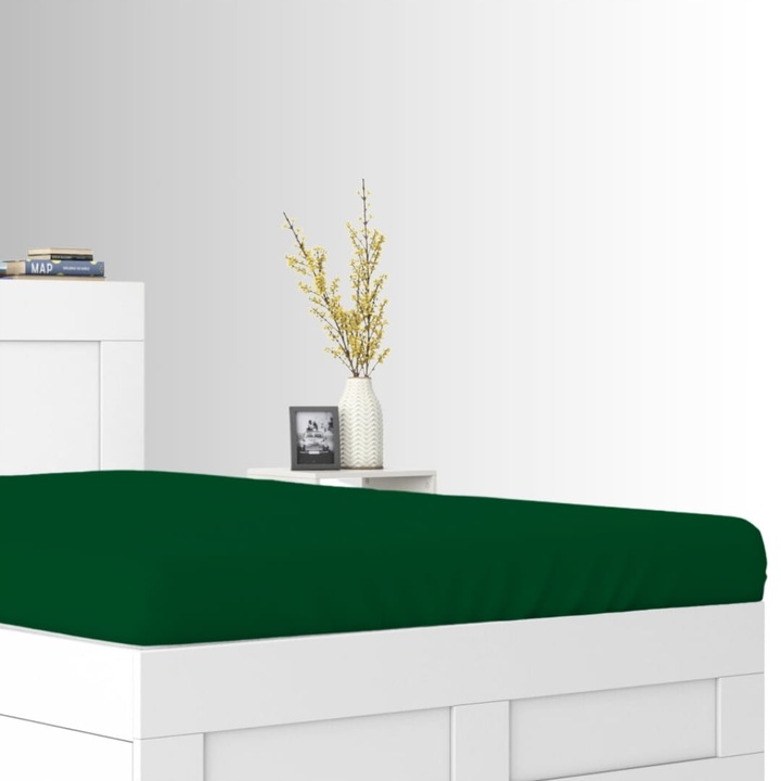 Cearceaf de pat, Frotte, Verde inchis, 90 x 200 cm, cu elastic, 180 g/m², 85% bumbac, 15% poliester, Oeko-tex standard 100