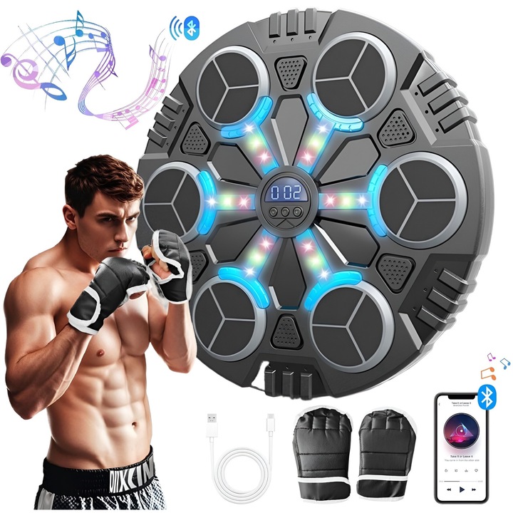 Okos zenélő boxgép, Bluetooth kapcsolat, box- és fitneszedzés, LED világítás, falra szerelhető, kesztyűvel, 3 sebességfokozat, gyerekeknek és felnőtteknek, Excitat®, kékesfekete