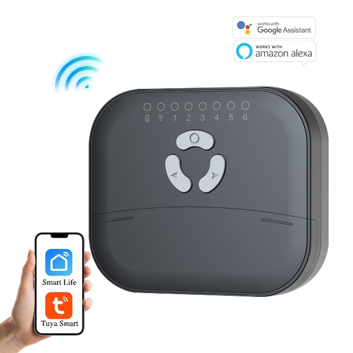 Интелигентен автоматичен контролер за напояване/поливане WiFi, Quietzi, Tuya Smart Life, съвместим с Amazon Alexa/Google Assistant, Intelligence, LED, 6 клапана, 11,2×9,6 см, черен
