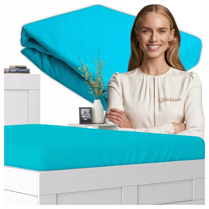 Cearceaf de pat, Jersey, Turcoaz, 90 x 190 cm, cu elastic, 140 g/m2, 100% bumbac, Oeko-tex standard 100