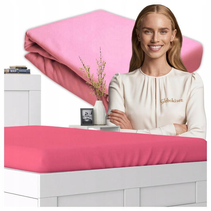 Cearceaf de pat, Jersey, Roz, 90 x 190 cm, cu elastic, 140 g/m2, 100% bumbac, Oeko-tex standard 100