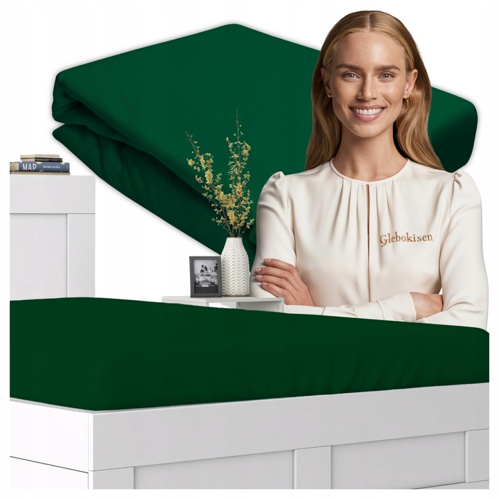 Cearceaf de pat, Jersey, Verde inchis, 160 x 200 cm, cu elastic, 140 g/m2, 100% bumbac, Oeko-tex standard 100