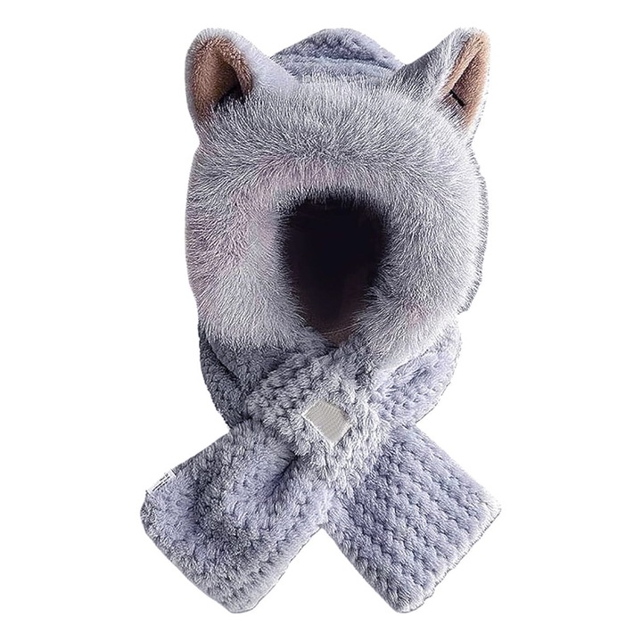 Caciula si fular 2 in 1 cu urechi de vulpe, alb, 35x35 cm, set pentru femei