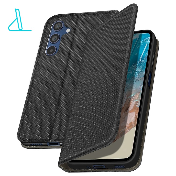 Husa pentru Samsung A16 (A166), Smart Flip, tip carte cu inchidere magnetica, Buzunar Carduri, functie Stand de vizualizare, Eco-Leather + Silicon, Neagra