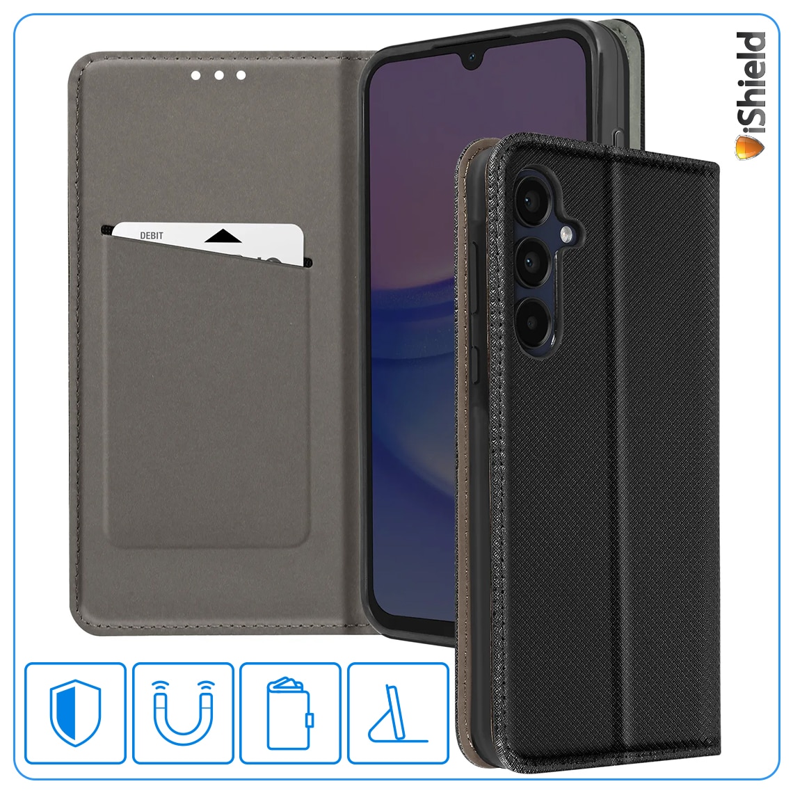 Husa pentru Samsung A16 (A166), Smart Flip, tip carte cu inchidere magnetica, Buzunar Carduri, functie Stand de vizualizare, Eco-Leather + Silicon, Neagra