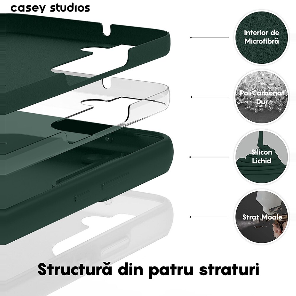 Husa CASEY STUDIOS™ pentru Samsung Galaxy S22 Plus, Soft Silicone Premium, Verde Inchis, Microfibra in Interior, de Protectie, Ultra Slim, pentru Incarcare Wireless, Margini Ridicate pentru Protectia Ecranului si a Camerelor