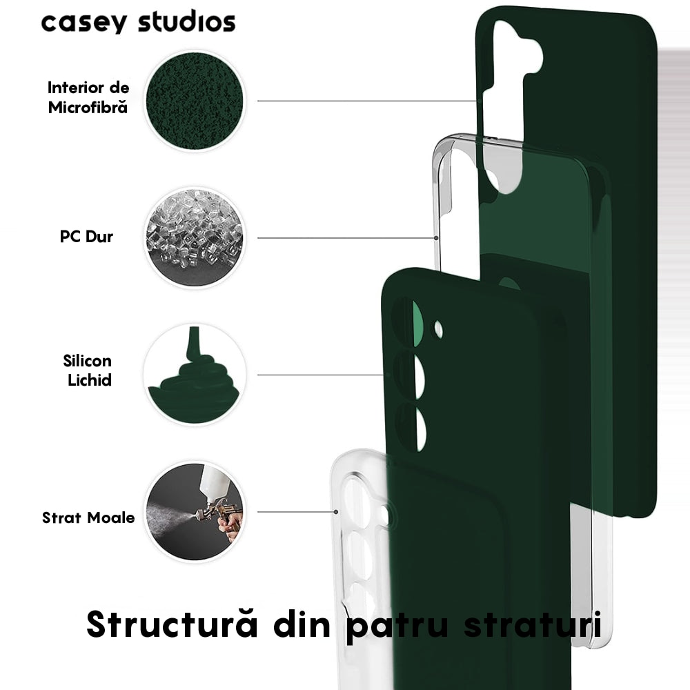 Husa CASEY STUDIOS™ compatibila cu Samsung Galaxy S23, Soft Silicone Premium, Verde Inchis, Microfibra in Interior, de Protectie, Ultra Slim, pentru Incarcare Wireless, Margini Ridicate pentru Protectia Ecranului si a Camerelor