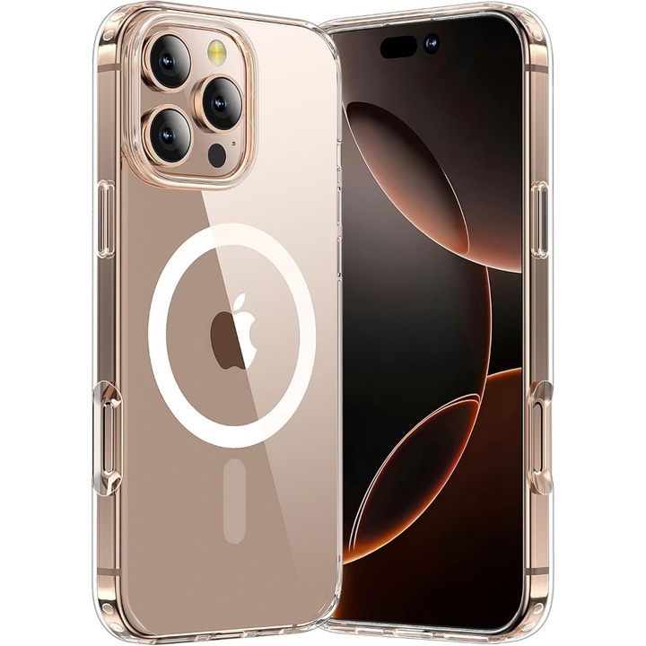 Husa compatibila cu Incarcare Magsafe pentru pentru Apple iPhone 16 Pro Max, CASEY STUDIOS™, Transparent, de Protectie, Slim, pentru Incarcare Wireless, Margini Ridicate pentru Protectia Ecranului si a Camerelor